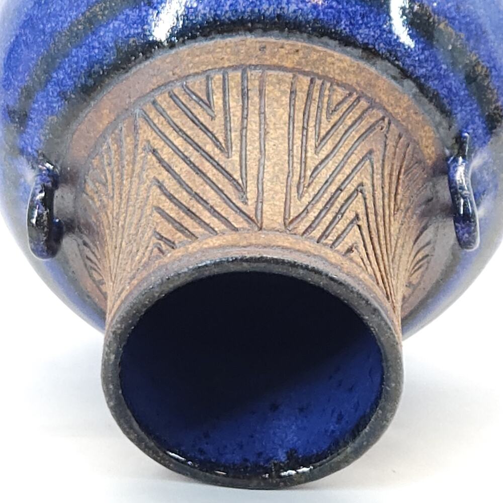 Studio Art Pottery Flower Vase Blue Folk Art Rustic Signed Chohlidakis USA 8"H - Picture 6 of 7